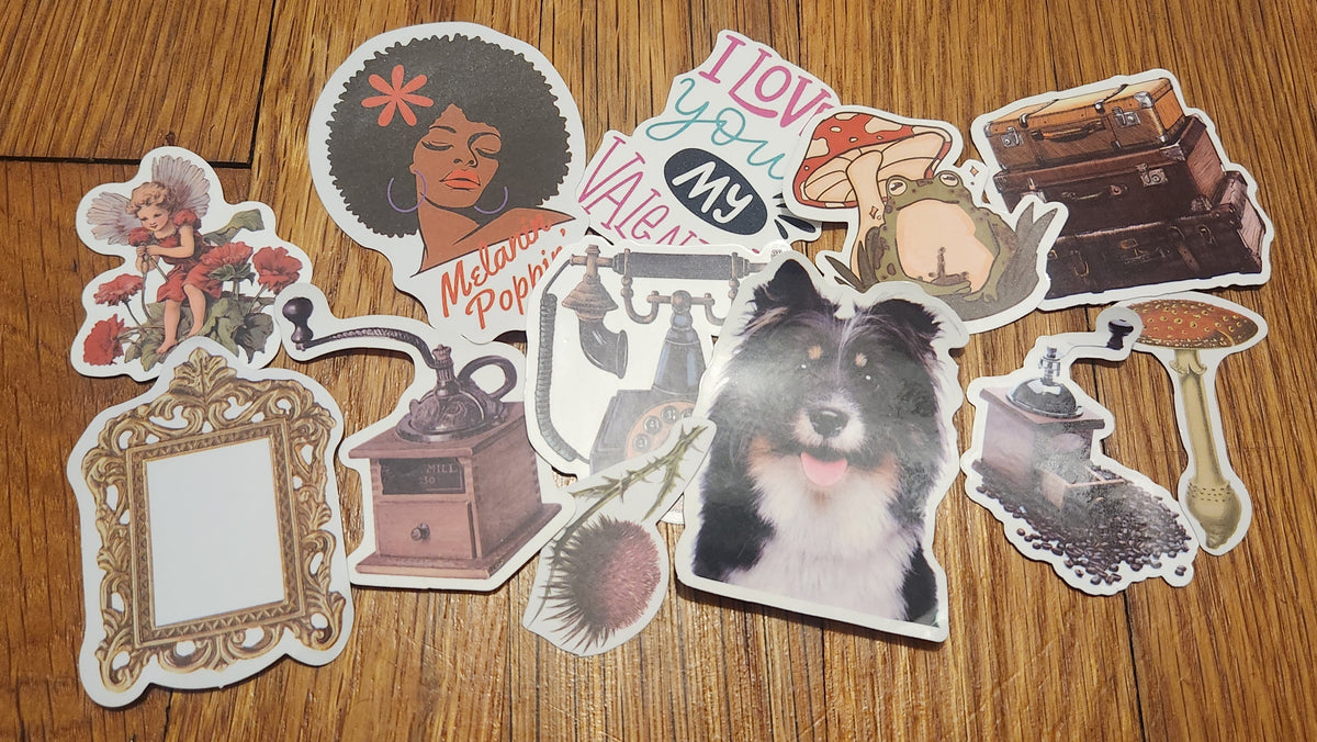 A collection of assorted die-cut stickers featuring various designs, including a dog portrait, a vintage gramophone, a picture frame, and text stickers, arranged on a wooden floor.